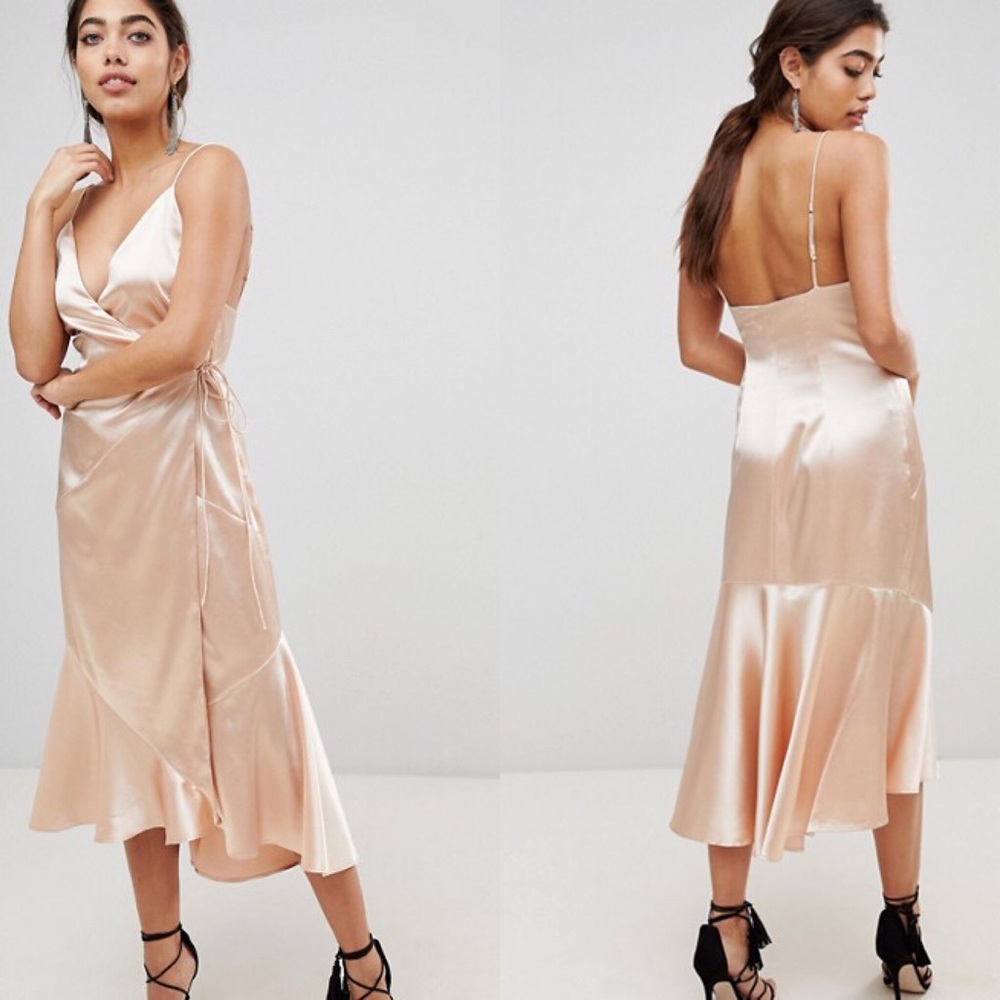 The Jetset Diaries Satin Wrap Midi Dress in Light Gold
